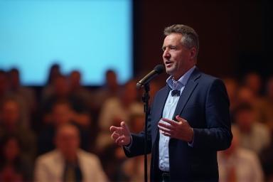 Person giving a confident presentation to an audience